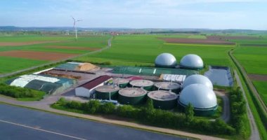 Large biogas plant aerial view. Visualization of modern technologies. Data sciences in the gas industry.