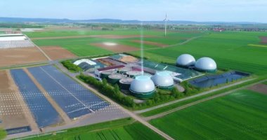 Large biogas plant aerial view. Visualization of modern technologies. Data sciences in the gas industry.