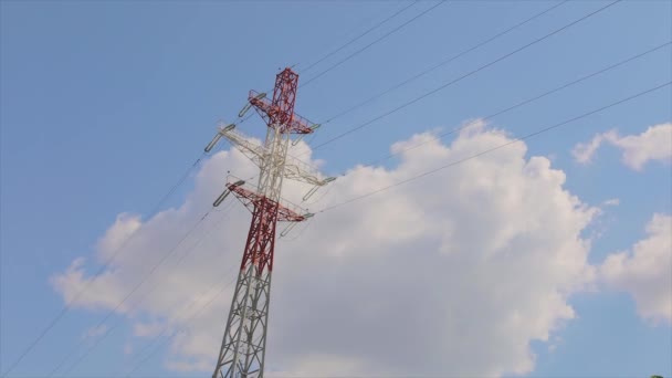 Power Line Blue Sky Modern High Voltage Tower Electrical Transmission — Stockvideo