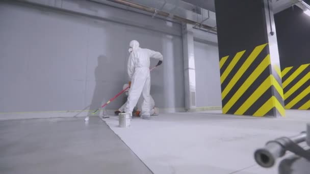Builders Make Paving Parking Lot Process Creating Self Leveling Floor — Stok video