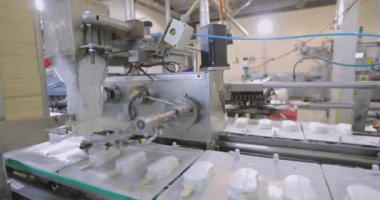 Apparatus for sorting ice cream. Ice cream dosing machine on a conveyor line. Automated conveyor line. Food production.