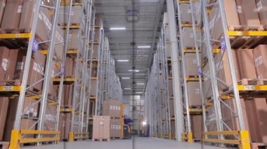 Fabrikanın deposunda özel ekipman var. Depoyu turlayan bir sürü forklift var. Modern yükleyiciler büyük bir depoda..