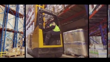Fabrikanın deposunda özel ekipman var. Depoyu turlayan bir sürü forklift var. Modern yükleyiciler büyük bir depoda..