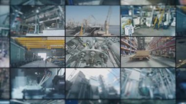 Teknoloji fabrikası. Modern teknoloji fabrikası. Fabrikadaki modern ekipmanlar. Endüstriyel iç mekan. Sanayi temalı kolaj.