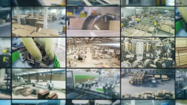 Σύγχρονο Εργοστάσιο Ξυλουργικής Παραγωγή Επίπλων Multiscreen Βίντεο Εργοστάσιο Ξυλουργικής Κολάζ — Αρχείο Βίντεο