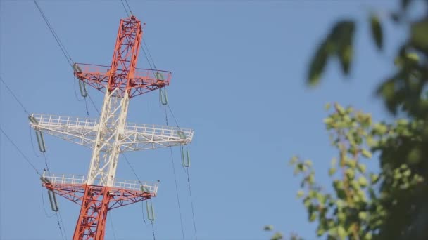 Power Line Blue Sky Modern High Voltage Tower Electrical Transmission — стоковое видео