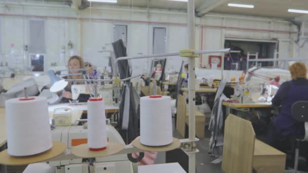 縫製工場では多くのストレスが働いています 衣類工場での作業プロセス 大きな縫製工房 シームレスは工場で製品を作る 衣服工場 — ストック動画