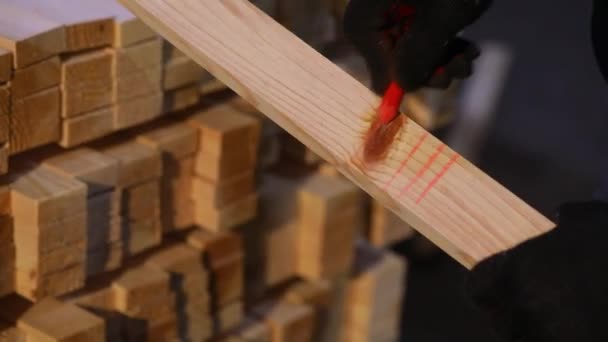 Man Shifts Wooden Beam Man Works Woodworking Factory — Vídeo de Stock