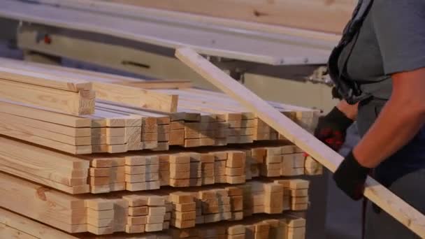 Man Shifts Wooden Beam Man Works Woodworking Factory — Vídeo de Stock