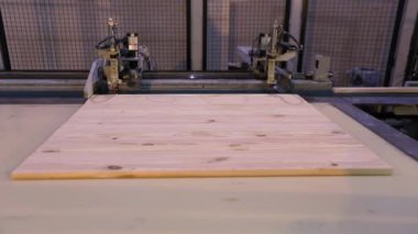 The process of furniture production, the production process of furniture panels. Mechanism close-up.