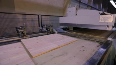 Production of furniture panels, modern furniture factory, modern conveyor line at a furniture factory.