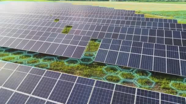 Luftaufnahme Der Solarpaneele Farm Mit Grafiken Drohne Fliegt Über Solarfeld — Stockvideo