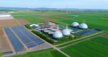 Large biogas plant aerial view. Visualization of modern technologies. Data sciences in the gas industry.