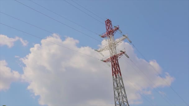 Power Line Blue Sky Modern High Voltage Tower Electrical Transmission — Stock video