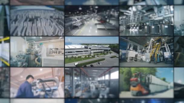 Moderne Multiscreen Videofabriek Buiten Een Moderne Fabriek Industriële Videocollage — Stockvideo