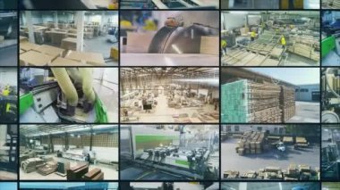 Ahşap fabrikası kolajı çerçeveleri. Ahşap kolajı. Büyük marangoz fabrikası..