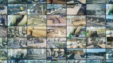 Ahşap fabrikasının video duvarı. Modern marangozluk fabrikası bölünmüş ekran video. Mobilya üretimi çoklu ekran video.