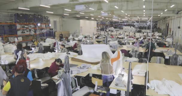 Een Naaister Werkt Een Kledingfabriek Textielproductie Het Werkproces Naaien Van — Stockvideo