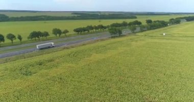 Araba manzaralı bir yol. Şehrin dışındaki otoyol, yolun kenarındaki tarlalar..