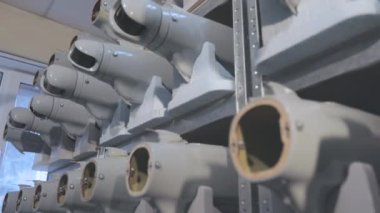 Production of drones at the factory. UAV blanks on the shelves. Production of military UAVs.