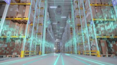 Depoda modern bir forklift. Modern teknolojilerin görselleştirilmesi. Grafikleri olan modern bir depoda forklift..