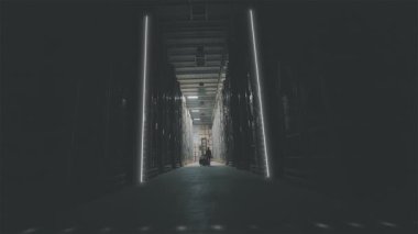 Depoda modern bir forklift. Modern teknolojilerin görselleştirilmesi. Grafikleri olan modern bir depoda forklift..