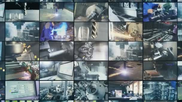 金属零件的制造过程 在工厂生产金属制品 多屏风 工业视频分割屏幕 金属加工 — 图库视频影像