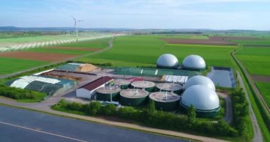 Large biogas plant aerial view. Visualization of modern technologies. Data sciences in the gas industry.