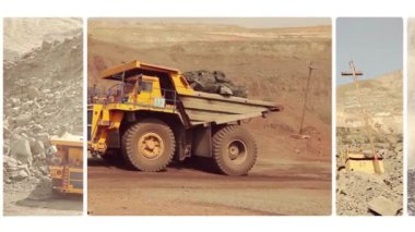 Kömür madenciliği. Bir videoda birden fazla kare. Taş ocağındaki büyük sarı damperli kamyon. Büyük bir demir cevheri ocağında çalışıyorum. Demir cevheri madeninden bir çerçeve seçimi..