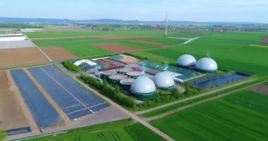 Large biogas plant aerial view. Visualization of modern technologies. Data sciences in the gas industry.