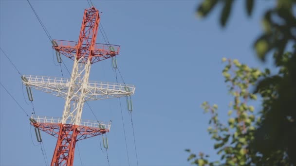 Power Line Blue Sky Modern High Voltage Tower Electrical Transmission — стоковое видео