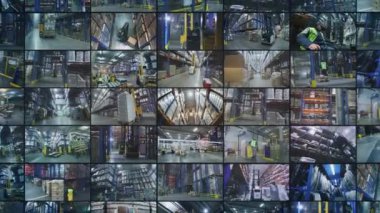 Modern depo kolaması. Büyük bir depoda çoklu ekran video işi. Fabrikada modern bir depo. sanayi açıcı.