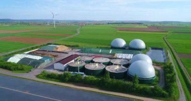 Large biogas plant aerial view. Visualization of modern technologies. Data sciences in the gas industry.