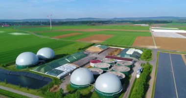 Large biogas plant aerial view. Visualization of modern technologies. Data sciences in the gas industry.