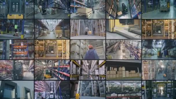 Moderne Magazijn Collage Multiscreen Videowerk Een Groot Magazijn Modern Magazijn — Stockvideo