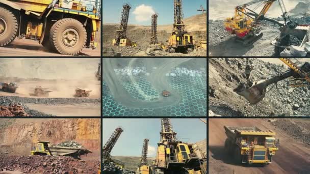 Minería Hierro Video Multipantalla Collage Cantera Hierro Creación Ciclo Completo — Vídeo de stock