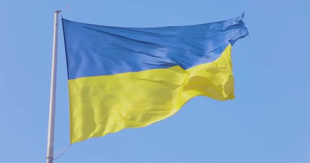 Ukrajinská Vlajka Ukrajinská Vlajka Stožáru Ukrajinská Vlajka Proti Modré Obloze — Stock video