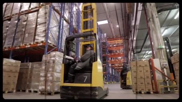 工場の倉庫内の特別な機器 倉庫を回るフォークリフトがたくさんあります 大規模な倉庫の近代的なローダー — ストック動画