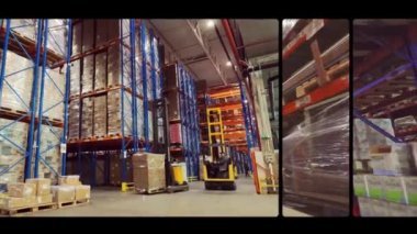 Fabrikanın deposunda özel ekipman var. Depoyu turlayan bir sürü forklift var. Modern yükleyiciler büyük bir depoda..