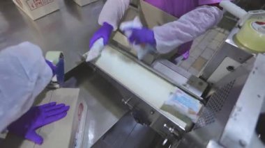 İşçiler kutulara dondurma koyarlar. Kadınlar dondurmaları kutulara koyar. Fabrika iş akışı.