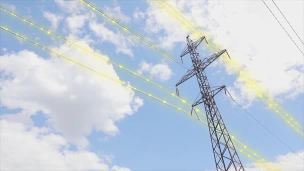 Power Line Blue Sky Modern High Voltage Tower Electrical Transmission — Vídeos de Stock