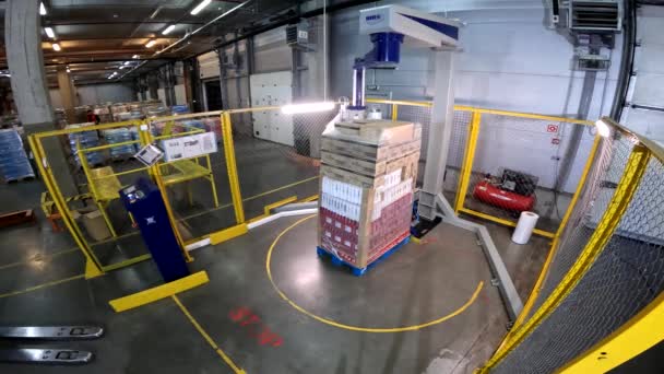 Κουτιά Συσκευασίας Προϊόντα Πλαστική Μεμβράνη Στο Εργοστάσιο Ένα Ειδικό Μηχάνημα — Αρχείο Βίντεο