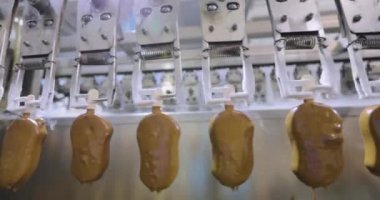 Ice cream is dipped in chocolate. Ice cream factory. Ice cream in chocolate glaze.