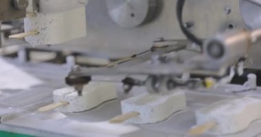 Apparatus for sorting ice cream. Ice cream dosing machine on a conveyor line. Automated conveyor line. Food production.