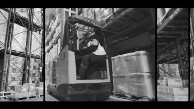 Fabrikanın deposunda özel ekipman var. Depoyu turlayan bir sürü forklift var. Modern yükleyiciler büyük bir depoda..