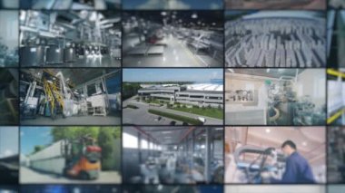 Teknoloji fabrikası. Modern teknoloji fabrikası. Fabrikadaki modern ekipmanlar. Endüstriyel iç mekan. Sanayi temalı kolaj.