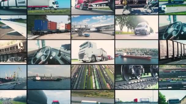 Lieferung Von Waren Mit Verschiedenen Transportmitteln Multiscreen Logistik Wirtschaftslogistik Fahrzeuge — Stockvideo