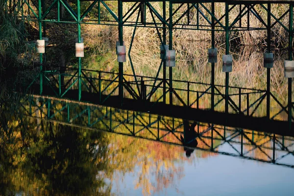 Reflexión Agua Las Personas Que Caminan Sobre Puente Peatonal Parque — Foto de Stock