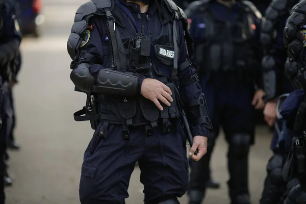 Sarulesti Rumunia Maja 2021 Rumuńska Policja Jandarmi Sprzętem Rozruchów Pilnują — Zdjęcie stockowe