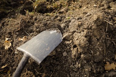 Yüzeyin sığ derinliği (seçici odak) görüntüsü bir parça tarımsal toprak üzerinde metal kürek ile.